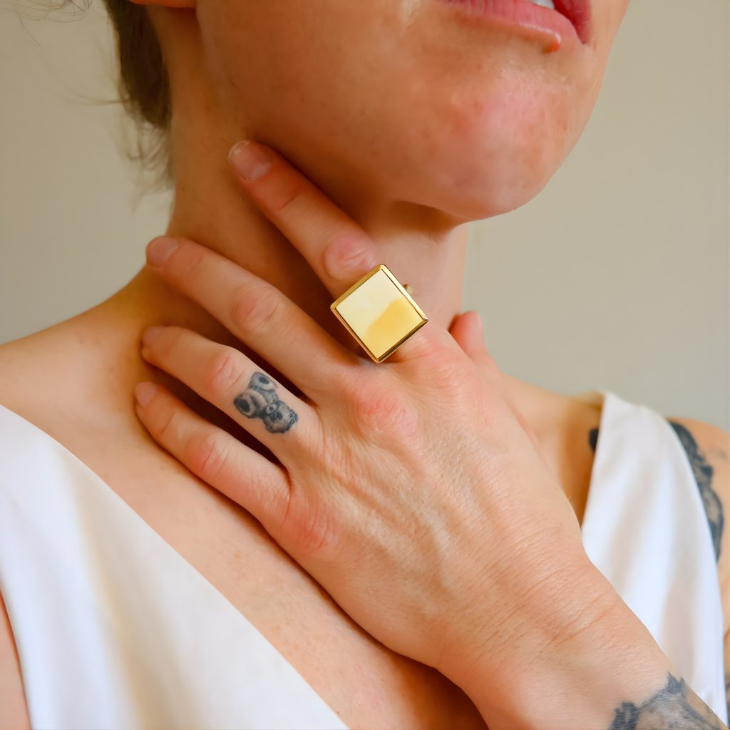 Baltic Butterscotch And White Amber Gold Ring- 14k Gold Plated Sterling Silver